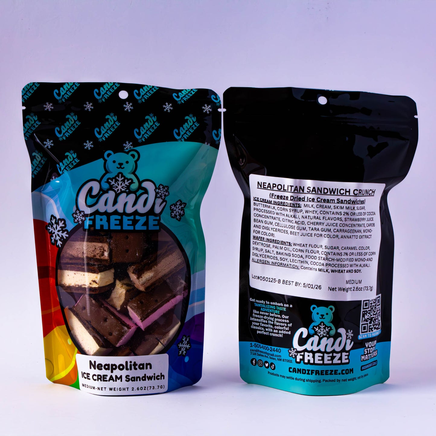 Neapolitan Ice Cream Sandwich by CandiFreeze – Freeze-Dried, Crunchy, Classic Ice Cream Sandwich Treat – 2.6oz Resealable Bag