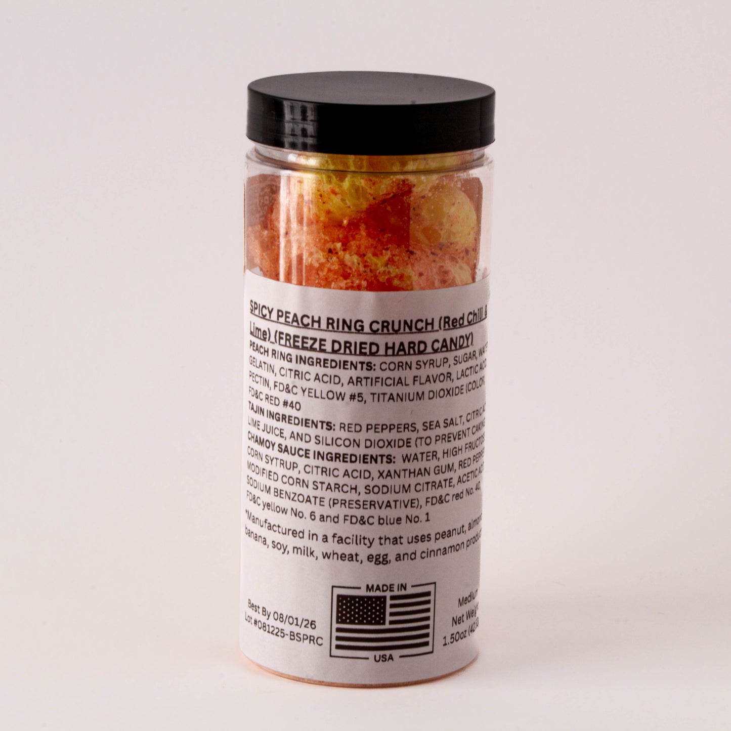 Spicy Peach Ring Crunch by CandiFreeze – Freeze-Dried, Crunchy, Sweet & Tangy Chili Lime Candy – 1.5oz Resealable Jar
