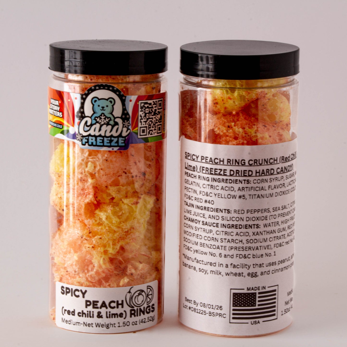 Spicy Peach Ring Crunch by CandiFreeze – Freeze-Dried, Crunchy, Sweet & Tangy Chili Lime Candy – 1.5oz Resealable Jar