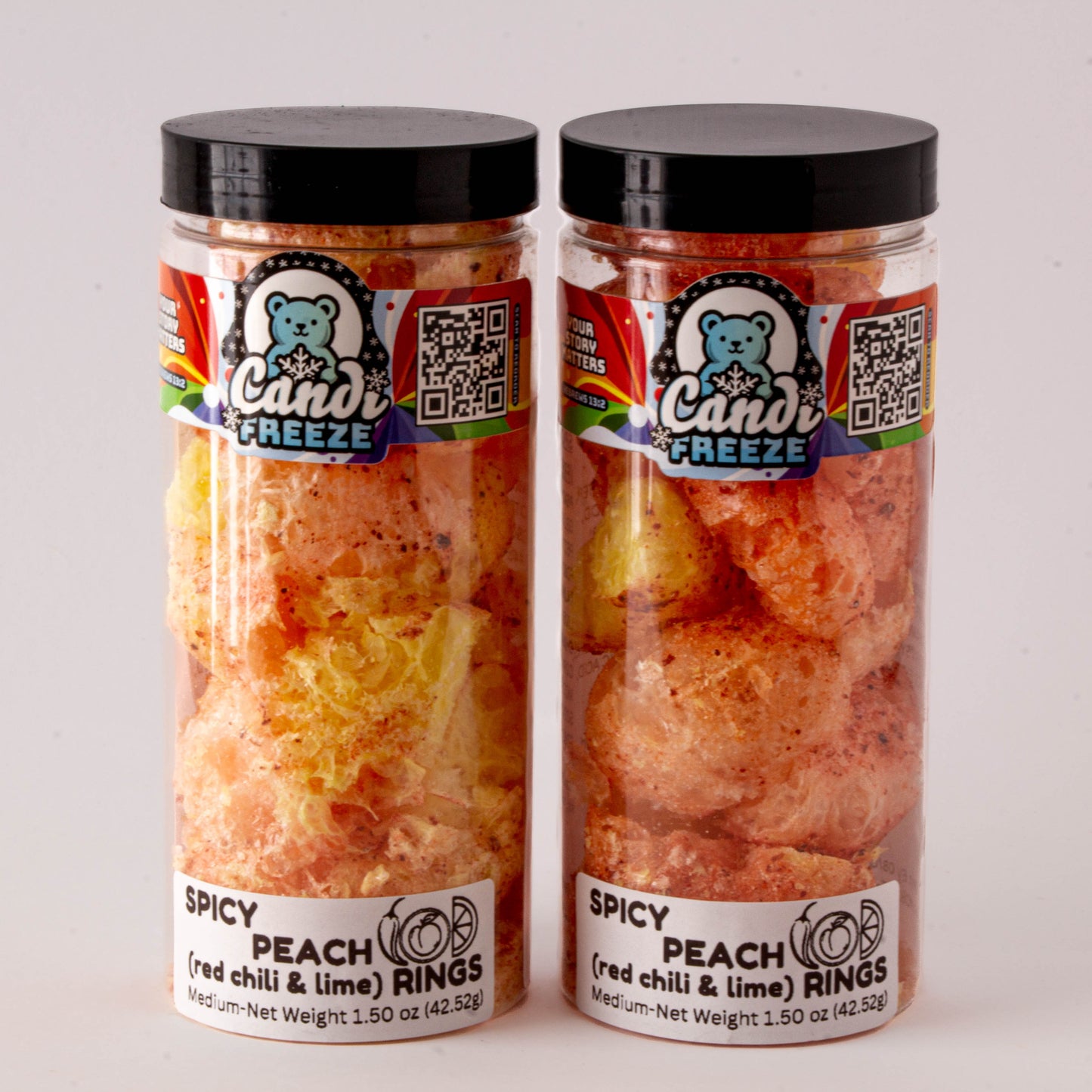 Spicy Peach Ring Crunch by CandiFreeze – Freeze-Dried, Crunchy, Sweet & Tangy Chili Lime Candy – 1.5oz Resealable Jar