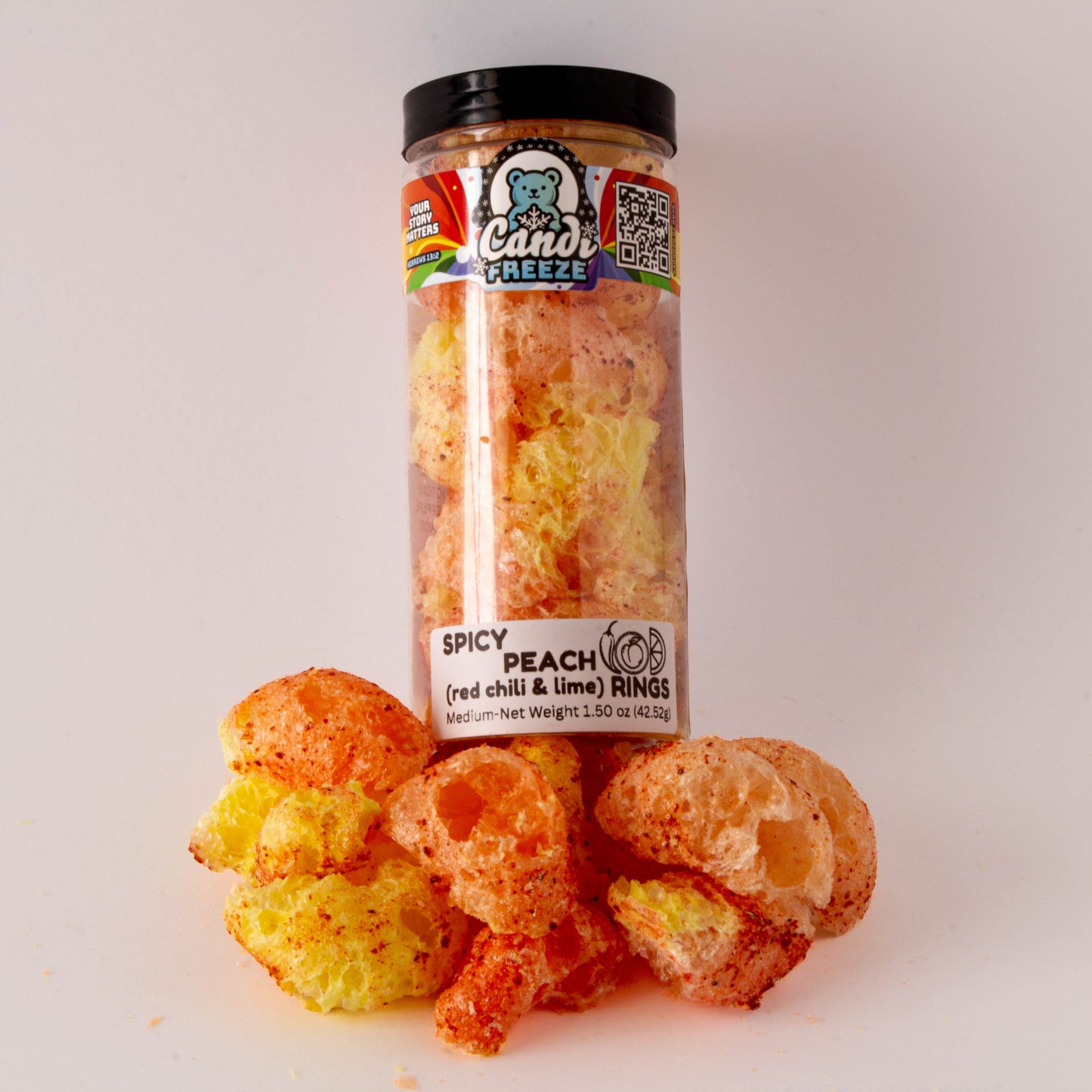Spicy Peach Ring Crunch by CandiFreeze – Freeze-Dried, Crunchy, Sweet & Tangy Chili Lime Candy – 1.5oz Resealable Jar