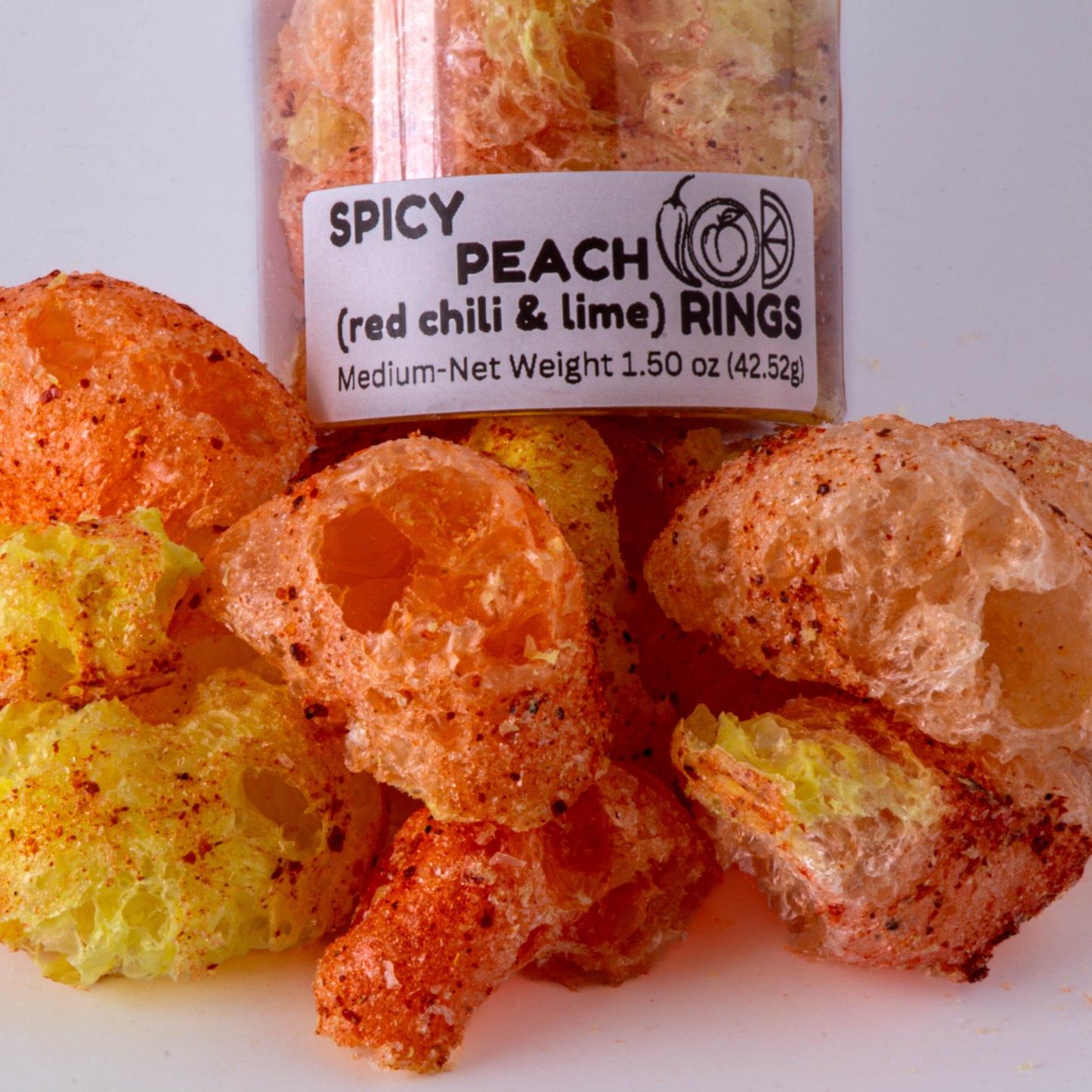 Spicy Peach Ring Crunch by CandiFreeze – Freeze-Dried, Crunchy, Sweet & Tangy Chili Lime Candy – 1.5oz Resealable Jar
